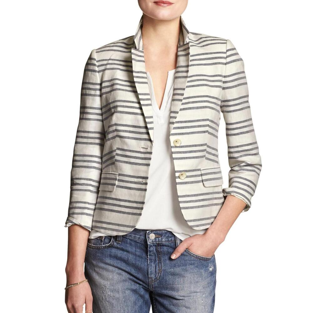 Banana Republic Factory Linen Cotton Stripe Blazer Jacket Size 14 Blue White